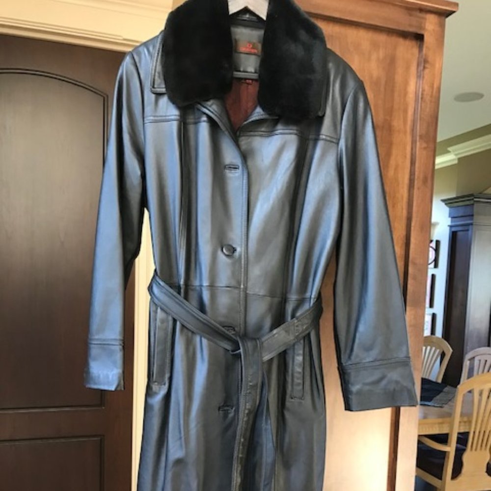Black, full length leather coat with removable faux fur collar; Danier